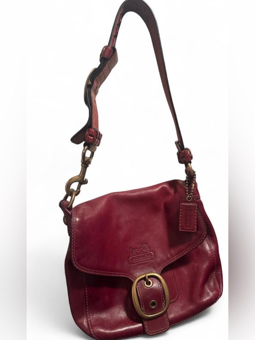 Coach Red Leather Messenger Bag with Brass Hardware